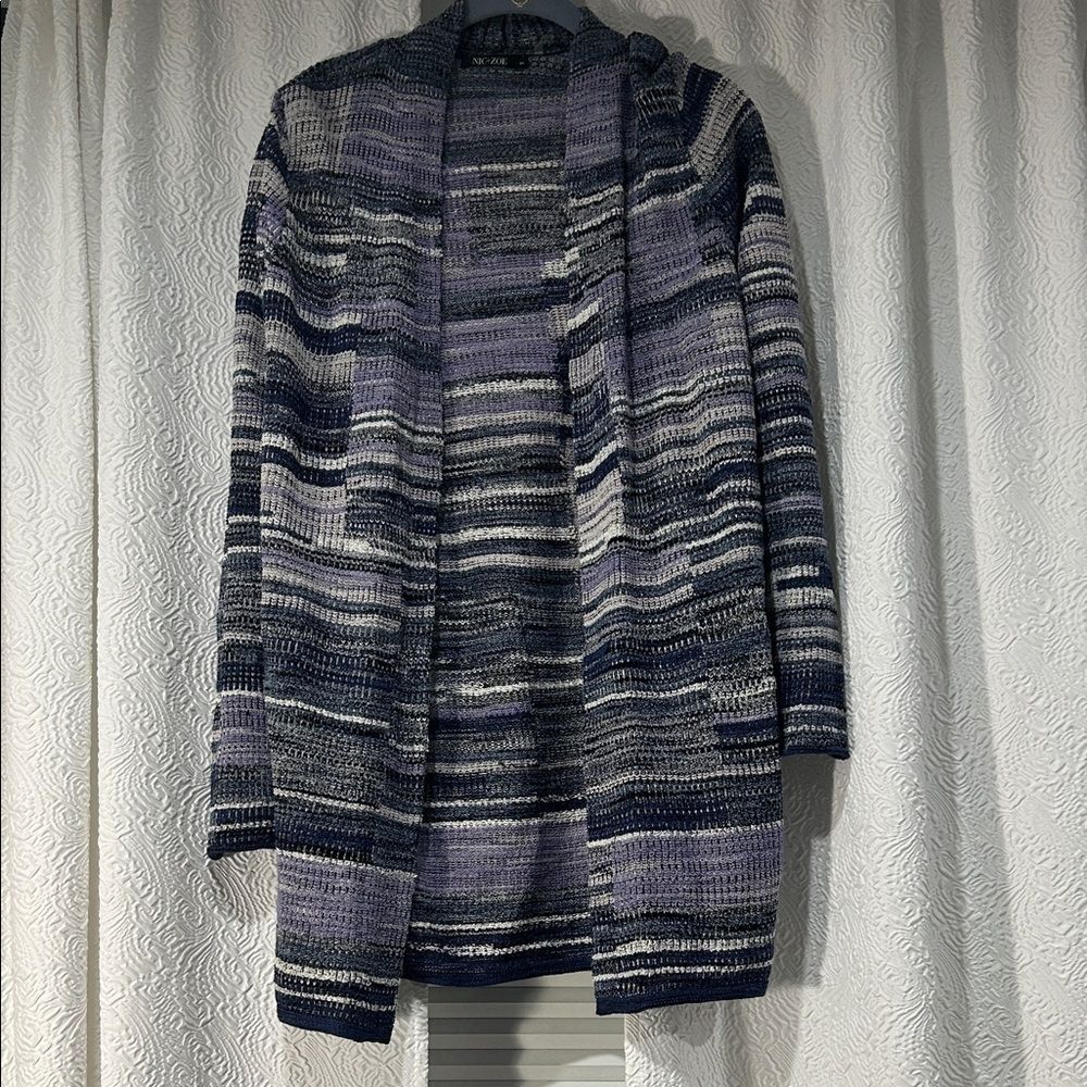 NIC+ZOE Fair and Square Open Front Cardigan Wool Cotton Blend Purple Gray Small